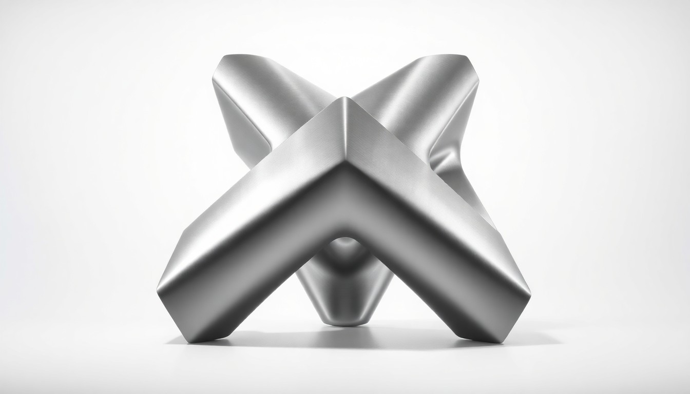 A polished, geometric sculpture made of brushed stainless steel, set against a stark white background and dramatically lit to highlight its sleek, minimalist design, conceptually representing the urban renewal projects led by CCDC during John Brunelle's tenure as executive director.