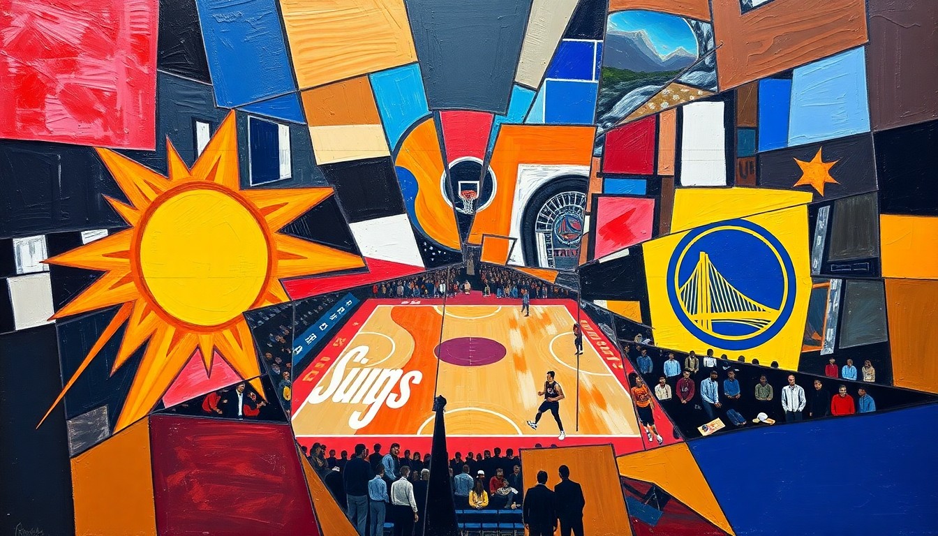 A fragmented, geometric painting depicting the action and energy of a basketball game, with the players and court rendered in sharp, overlapping planes of color and shape.