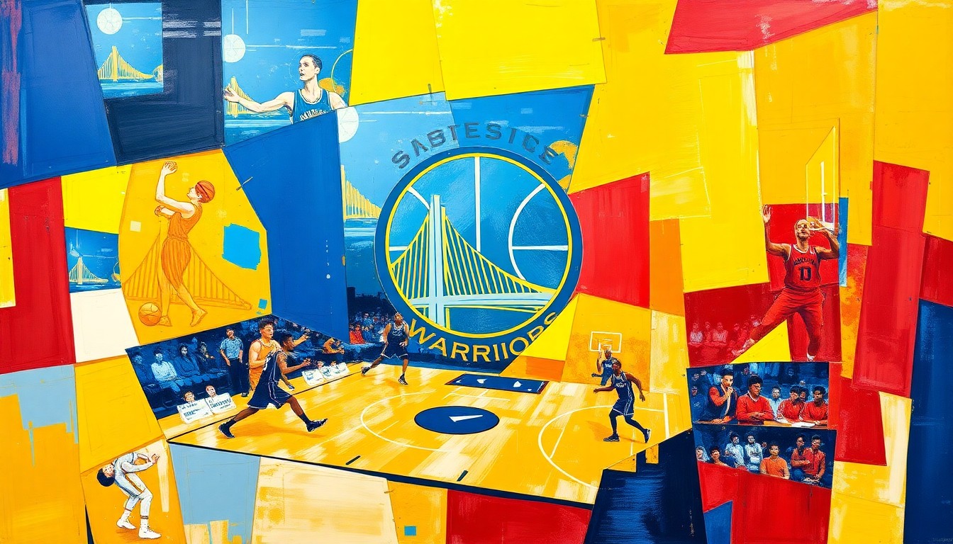 A cubist, geometric painting featuring sharp, overlapping planes of blue, gold, and red, conceptually representing the difficult decisions facing the Golden State Warriors organization.