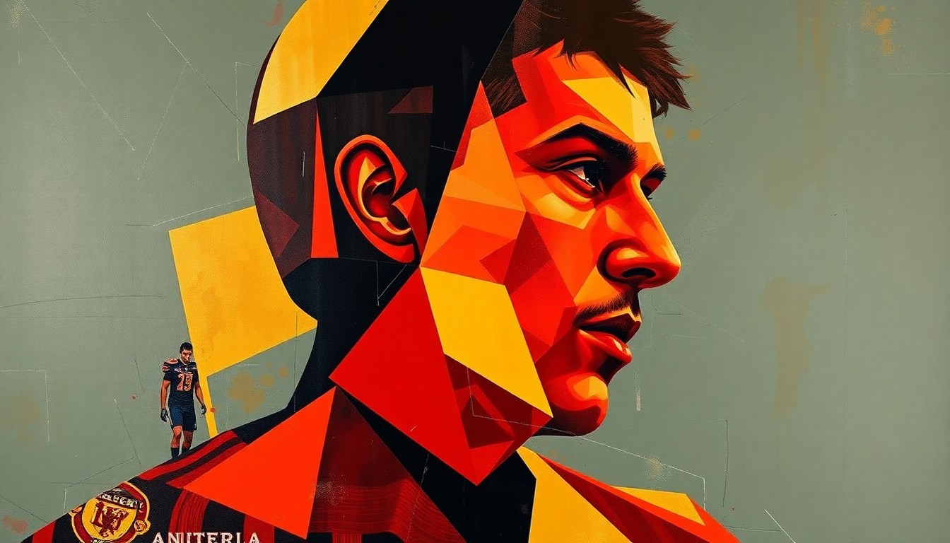 A fragmented, cubist-style illustration depicting the silhouette of a football player broken down into sharp, overlapping geometric shapes in a color palette of gold, black, and crimson, conceptually representing the recruitment of a top high school prospect.