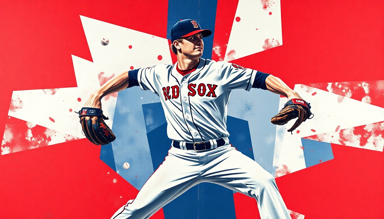 A fragmented, geometric painting depicting a baseball pitcher's windup and delivery, with sharp planes of navy blue, crimson red, and white, conceptually representing the Red Sox bullpen's need for a boost from a top prospect.