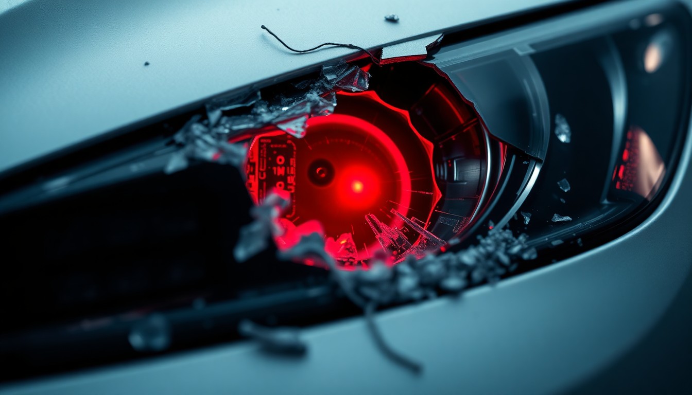 An extreme close-up of a shattered car sensor lens reflecting a faint red light, conceptually illustrating the vandalism of self-driving cars.