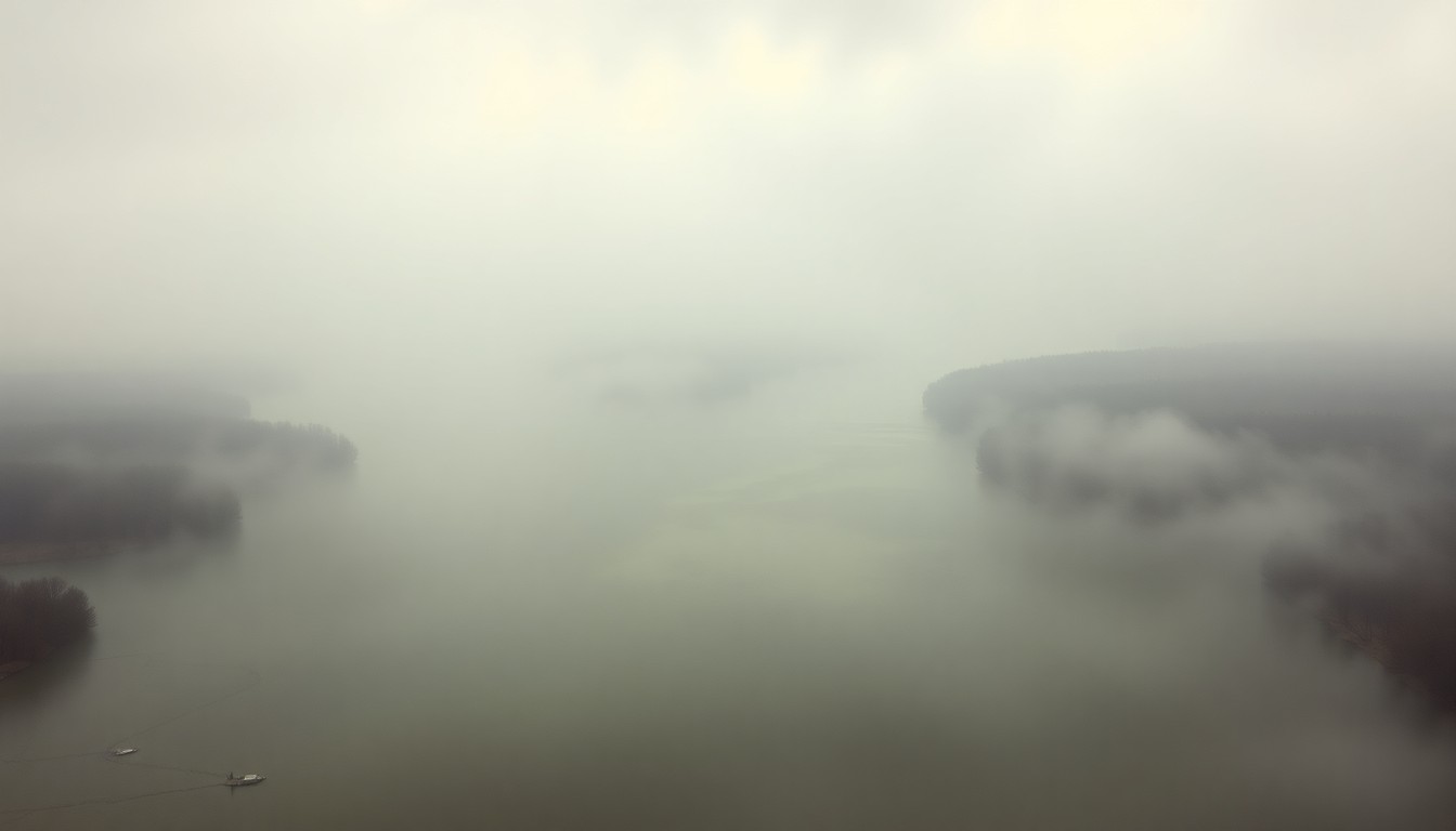 A vast, atmospheric landscape painting depicting the swollen, murky waters of the Des Plaines River cutting through a flat, fog-shrouded plain, conveying a sense of the river's overwhelming, sublime power.