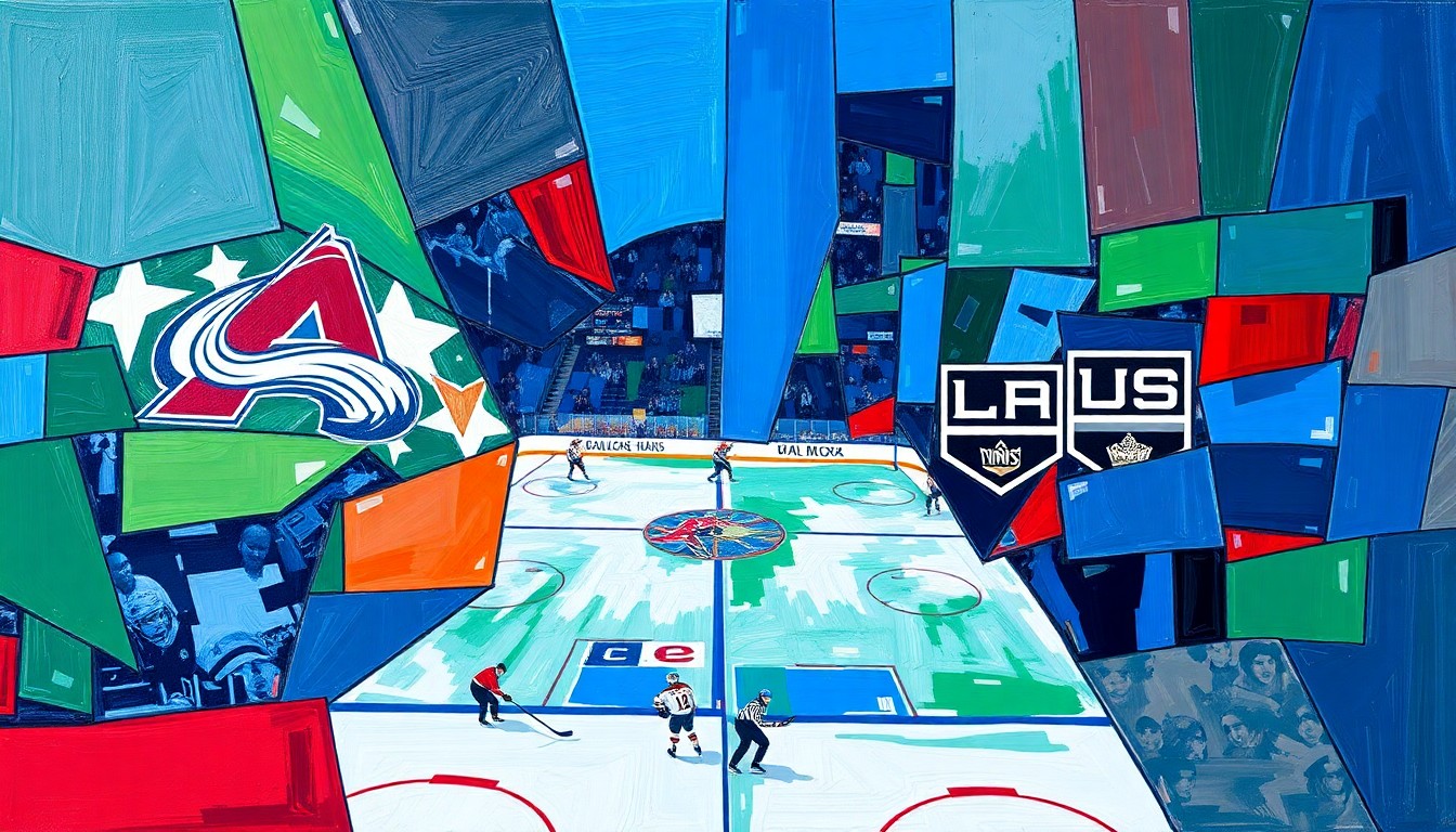 A cubist, geometric painting depicting a hockey game between the Colorado Avalanche and Los Angeles Kings, with sharp, overlapping planes of vibrant blue, green, and red colors capturing the intensity of the playoff matchup.
