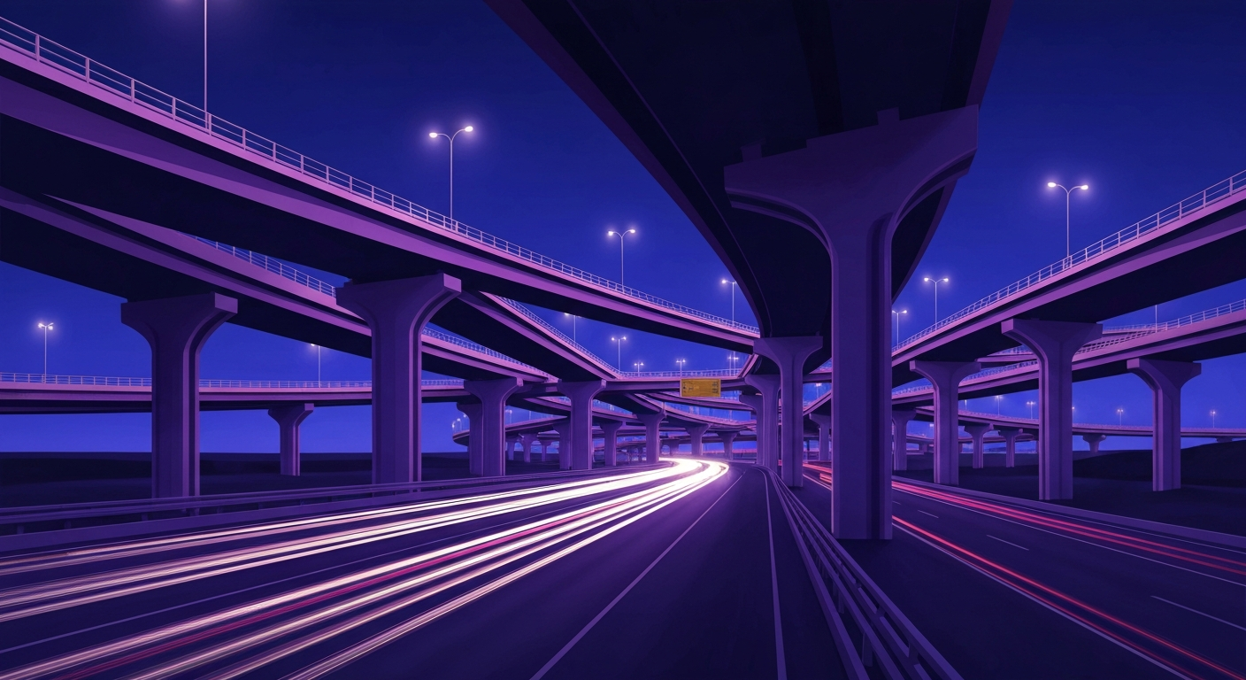 A highly stylized, geometric illustration of a highway interchange at night, rendered in bold, sweeping gradients of deep blue and purple. The composition captures the grand scale and forced perspective of the overpass and ramps, without any text or identifiable elements.