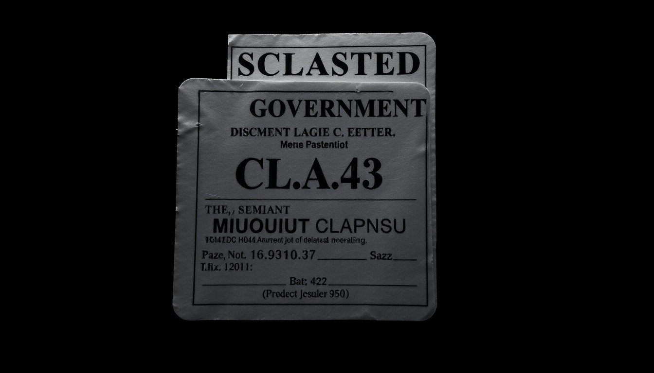 An extreme close-up photograph of a classified government document or security badge, the details obscured by harsh shadows and bright highlights, conveying a sense of mystery and urgency surrounding the investigation.