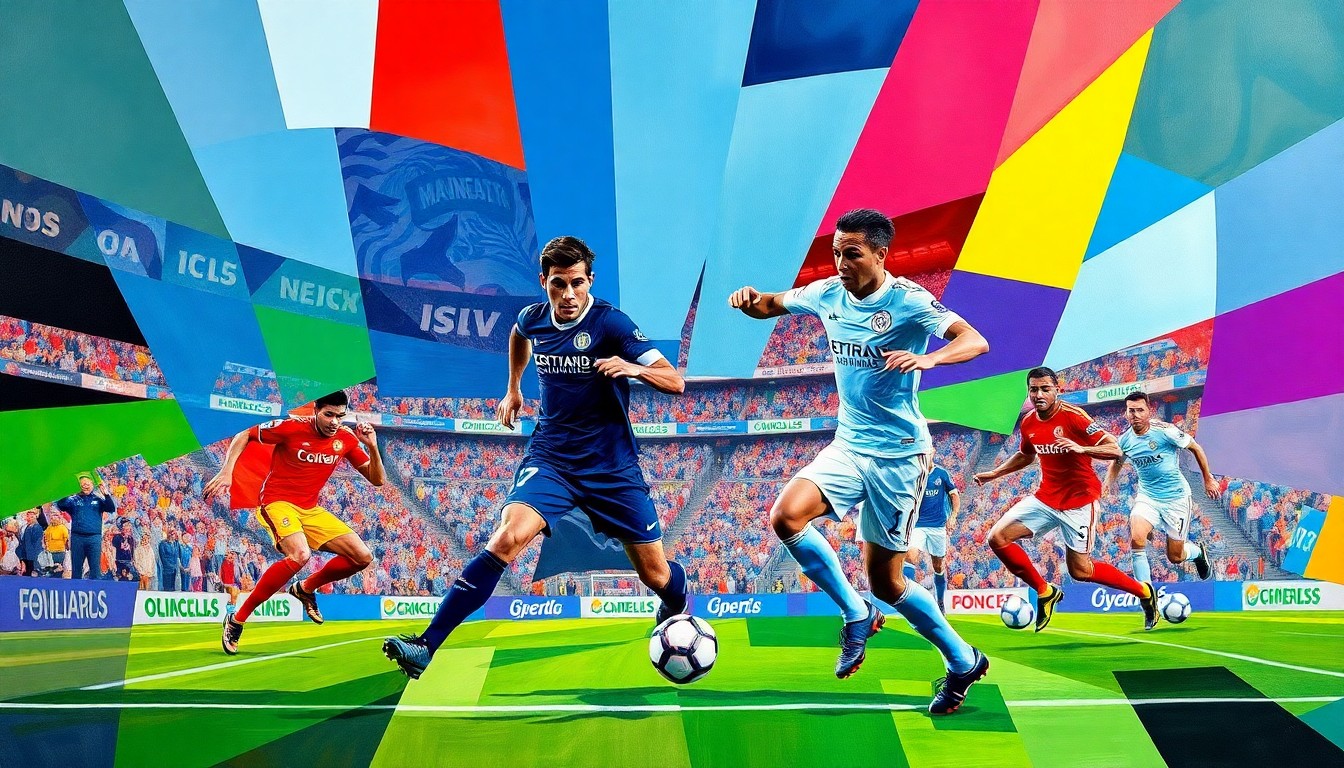 A fractured, multi-perspective painting depicting a soccer match between two teams, with the players and field broken down into sharp, overlapping geometric shapes and planes in vibrant colors.