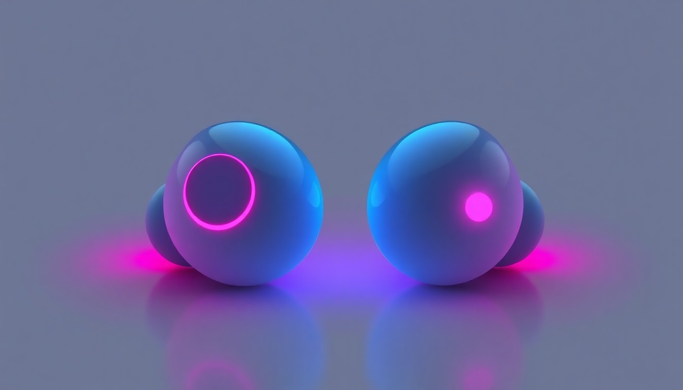 A highly detailed 3D illustration of a pair of glowing, futuristic wireless earbuds with neon cyan and magenta lights, conceptually representing the advanced sensing and AI capabilities rumored for the next AirPods Pro model.
