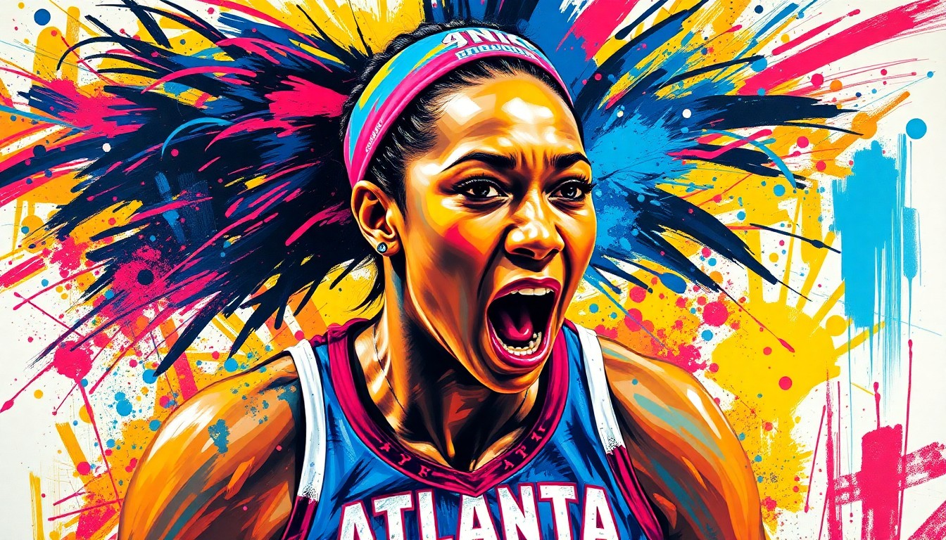 An abstract, expressionist painting featuring vibrant neon brushstrokes and splatters of color, capturing the raw energy and competitive spirit of a basketball player in motion.