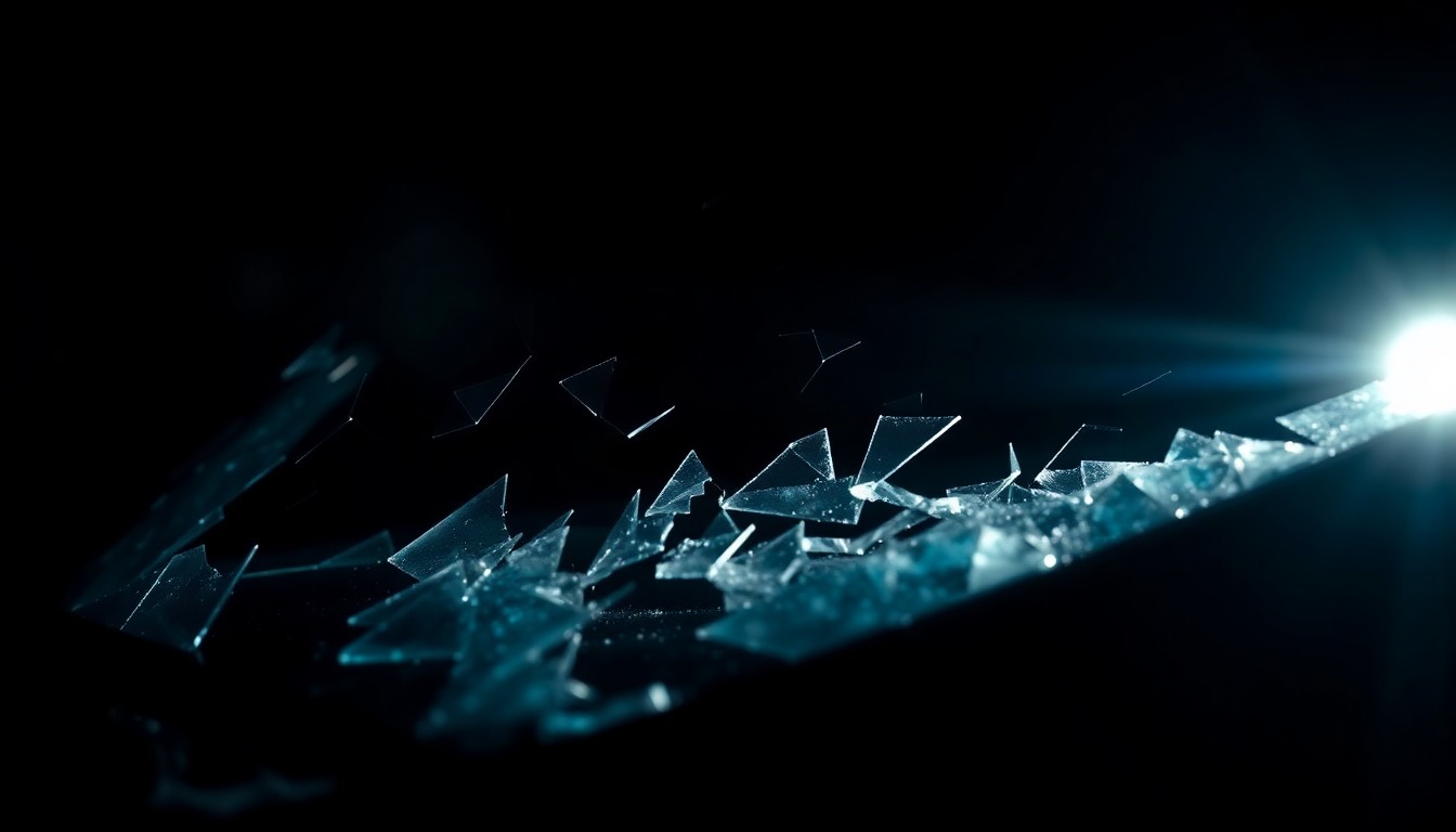 An extreme close-up photograph of a shattered car windshield or other damaged vehicle part, capturing the gritty aftermath of a fatal accident on a Florida highway.