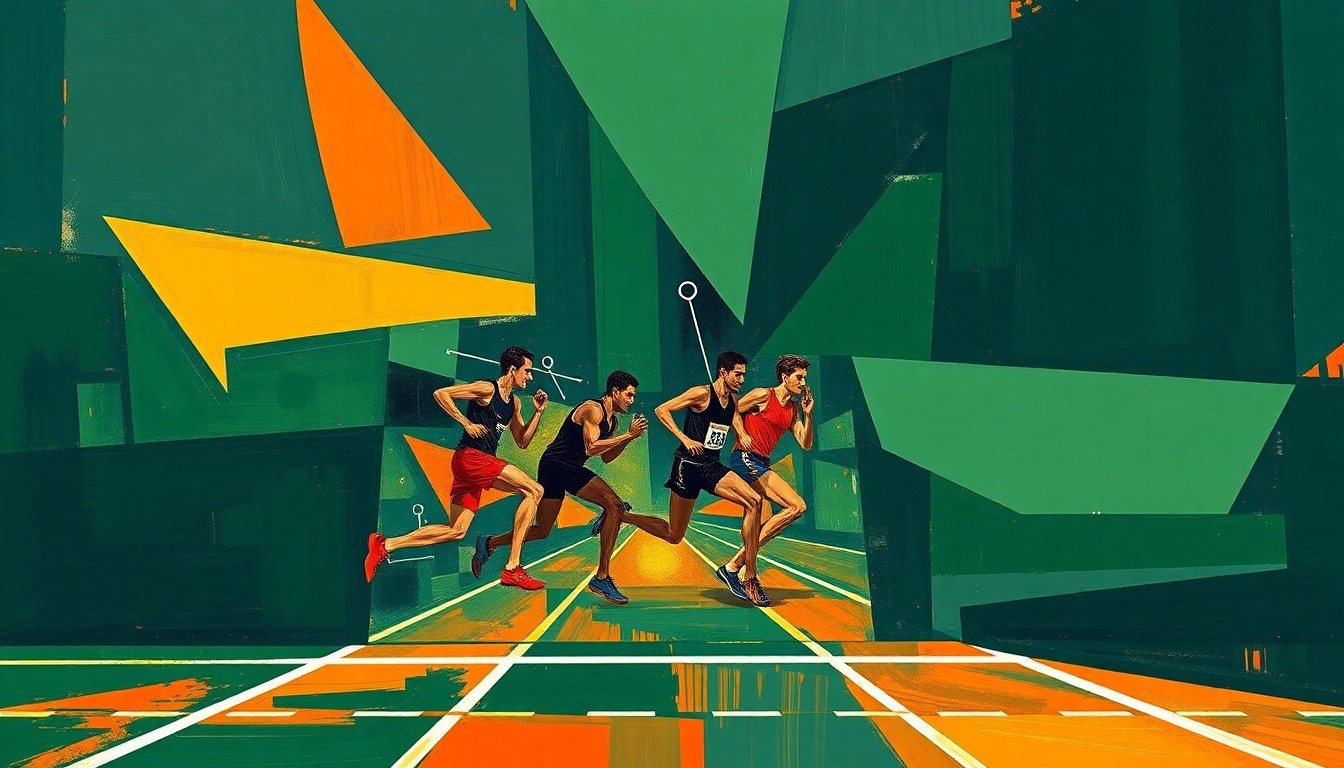 A cubist, geometric painting depicting a fragmented track and field or cross country competition, with sharp planes of navy, green, and orange colors overlapping to create a dynamic, abstract scene.