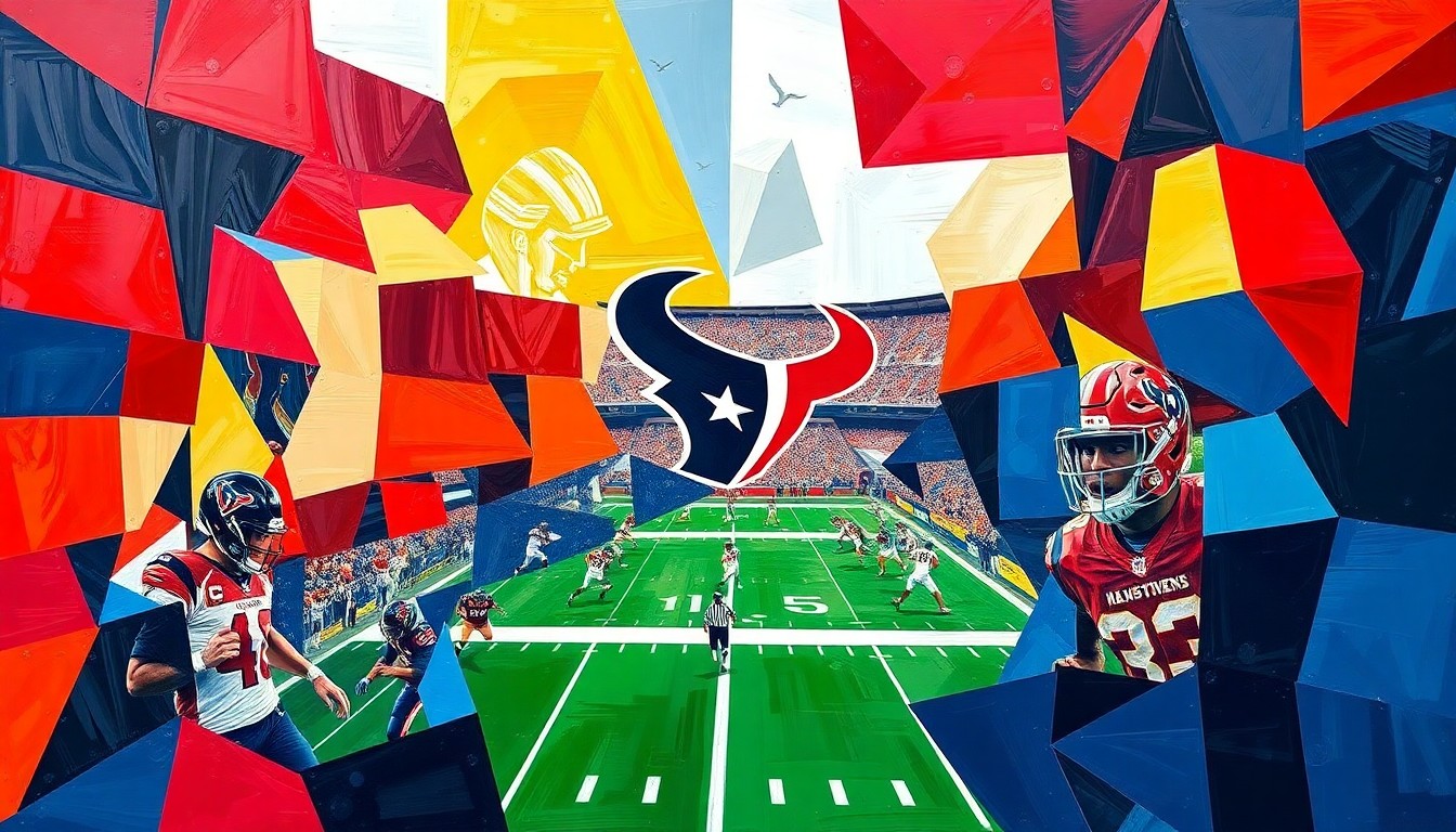 A cubist, geometric painting in shades of navy blue, red, and white, depicting fragmented and overlapping shapes that abstractly represent a football game or match.