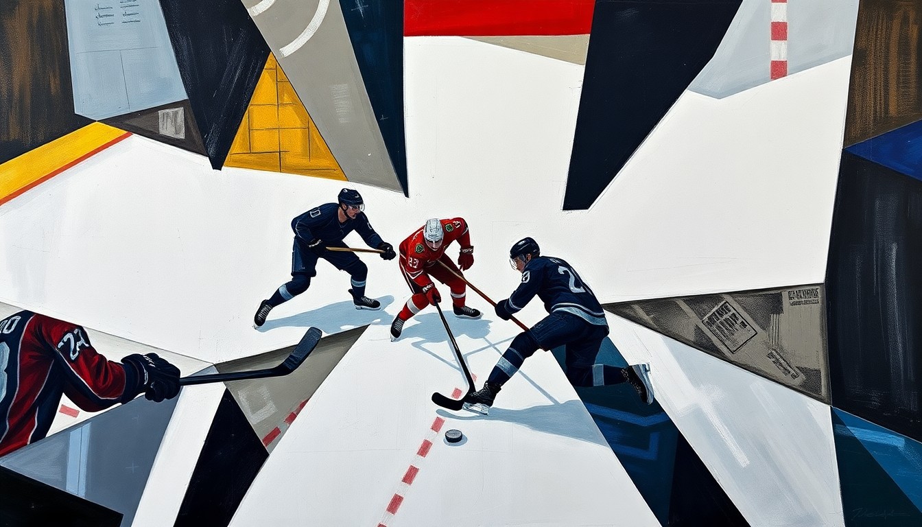 A cubist, geometric painting depicting the abstracted forms of hockey players, the puck, and the ice surface, capturing the intensity and dynamism of the sport.