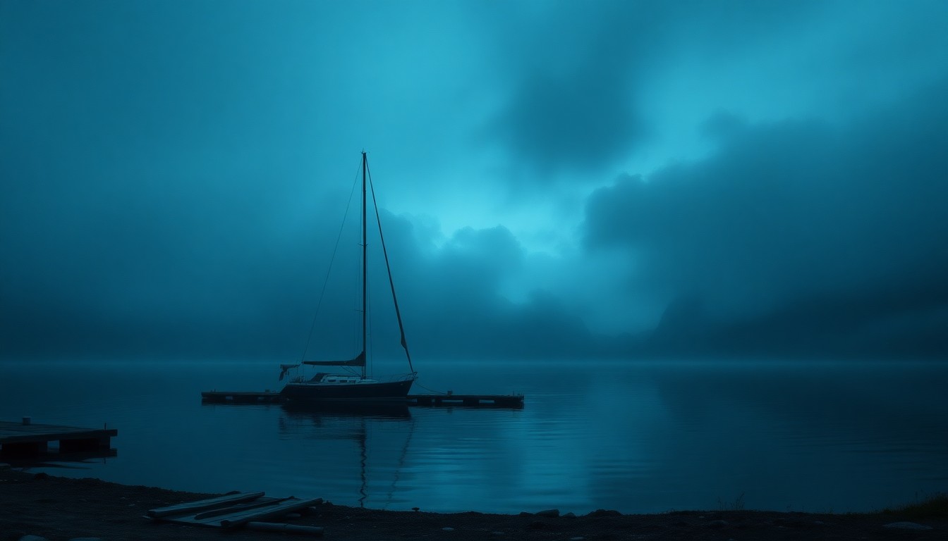 A vast, atmospheric landscape painting depicting a drydocked sailboat shrouded in heavy fog, conveying the overwhelming scale and power of the natural environment.