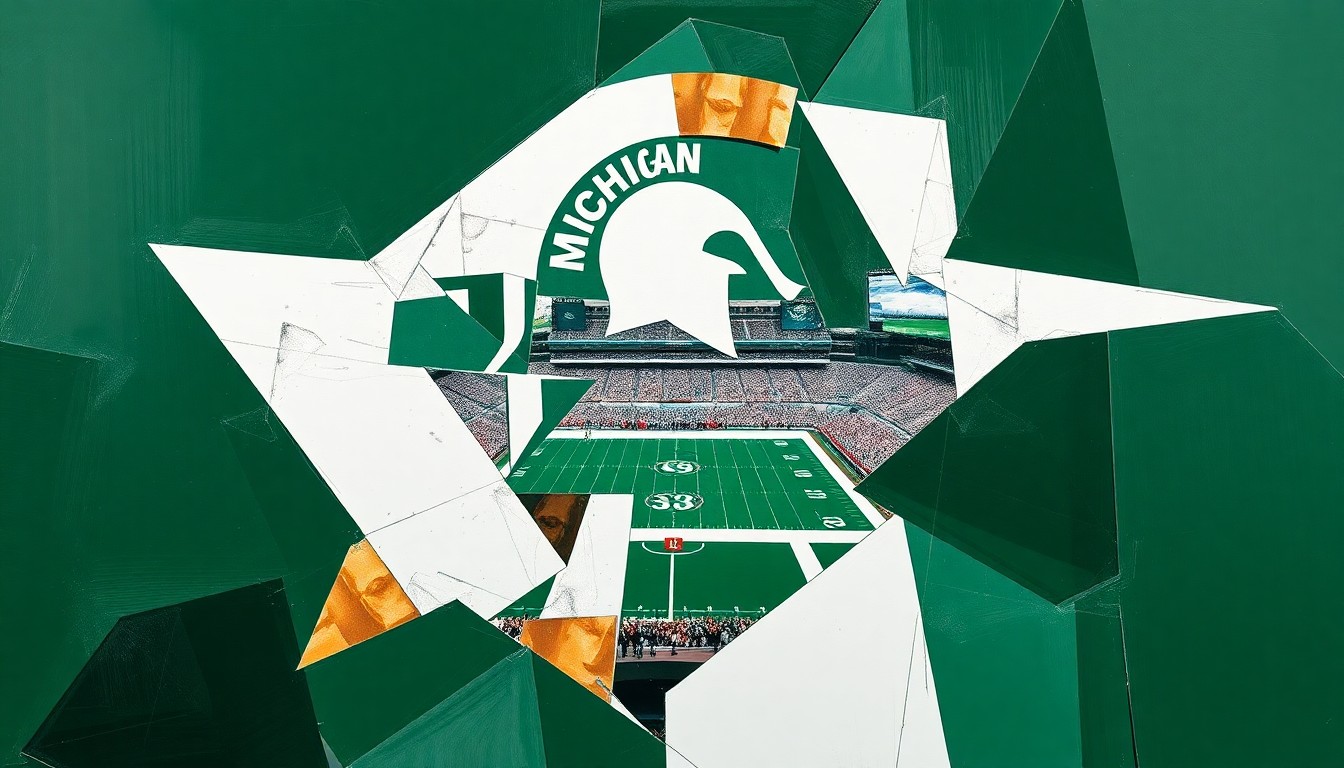 A cubist, geometric painting depicting fragmented, overlapping shapes and planes in the colors of the Michigan State Spartans, representing the defensive dominance on display during the team's spring scrimmage.