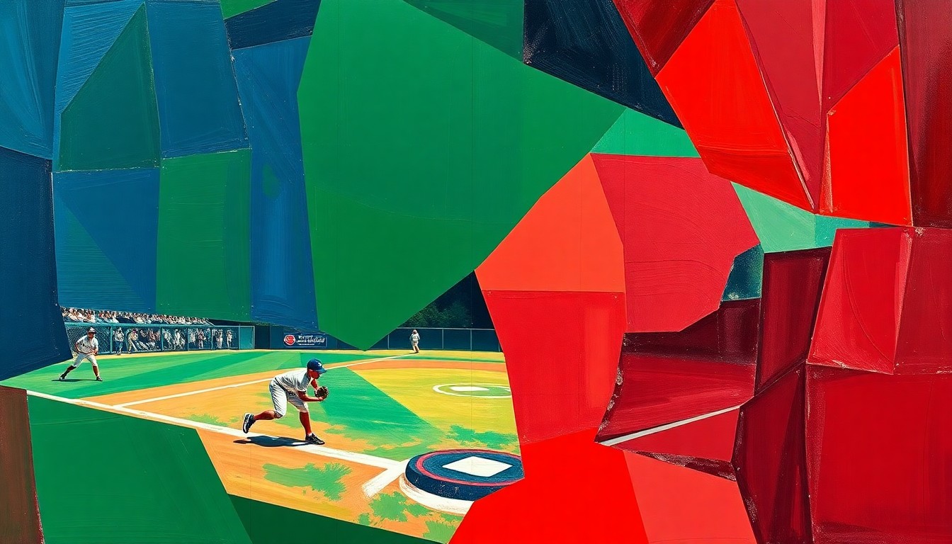 A fragmented, abstract painting depicting the motion and intensity of a high school softball game, with sharp, overlapping planes of navy, green, and red.