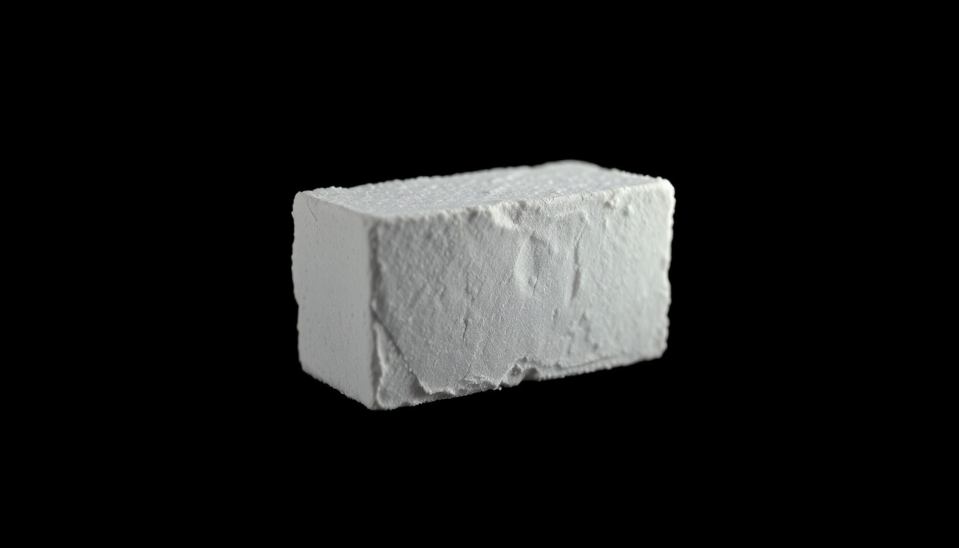 An extreme close-up photograph of a single brick of cocaine, its surface textured and reflecting the harsh lighting, conveying a sense of the scale and significance of the drug bust.