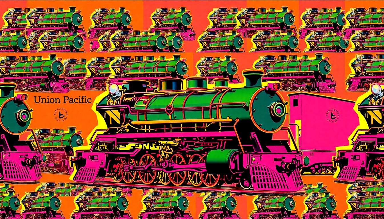 A bold, colorful silkscreen-style illustration featuring the iconic Union Pacific Big Boy steam locomotive repeated in a grid pattern, capturing the vibrant energy and pop art aesthetic of this historic railroading marvel.