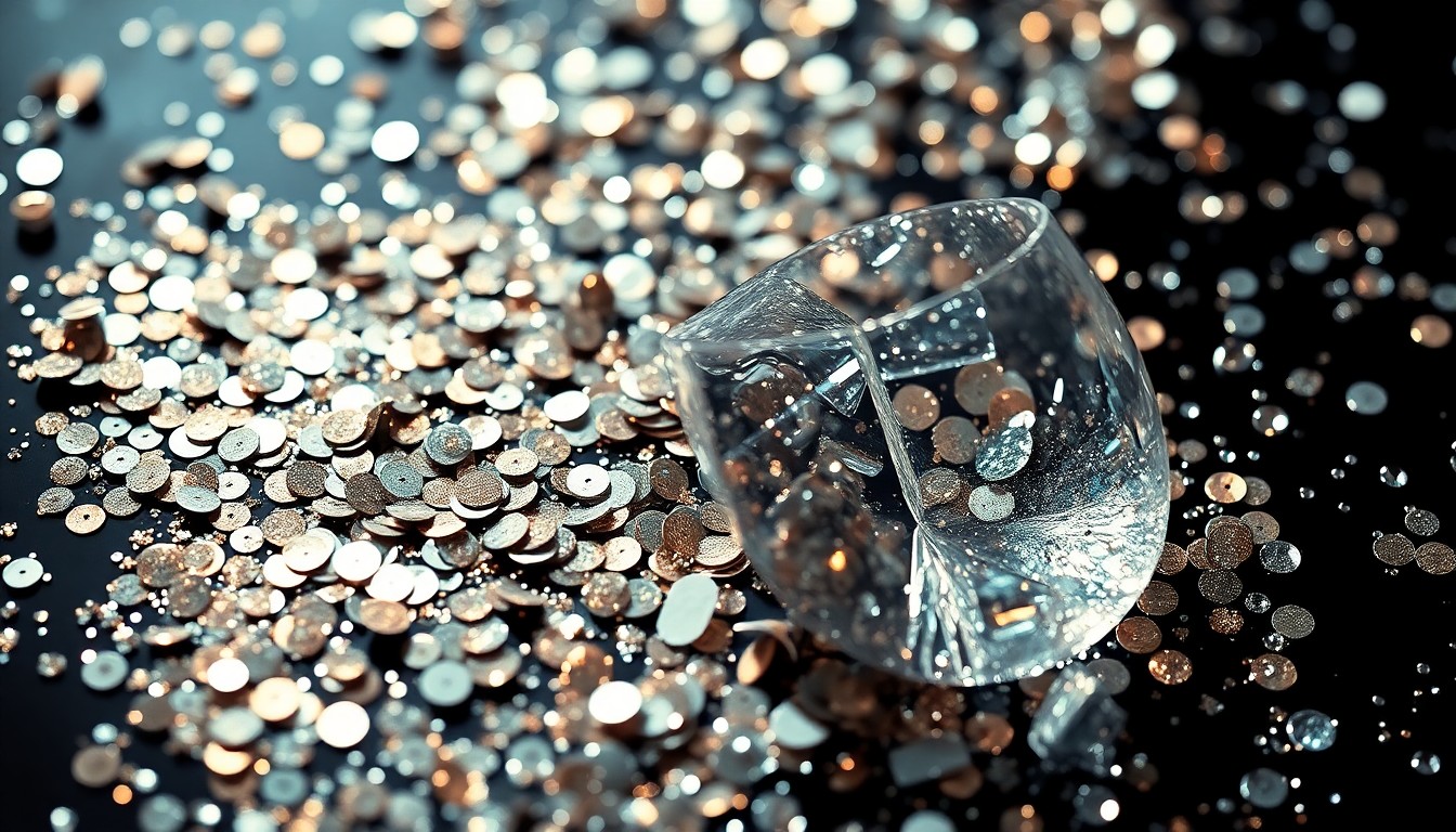An abstract close-up photograph featuring a textured background of glittering sequins and shattered glass, captured in dramatic high-contrast lighting to create a glamorous, high-fashion aesthetic.