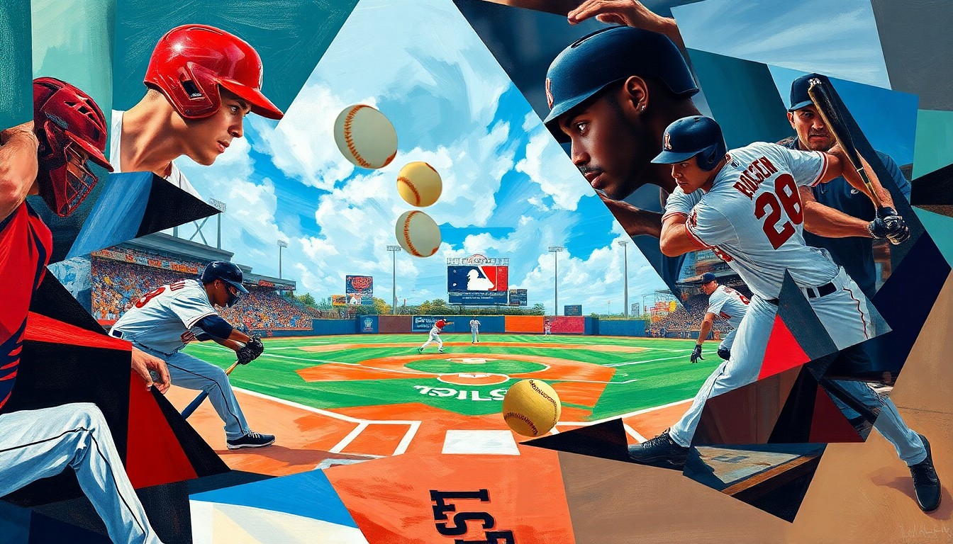 A cubist, geometric painting depicting the action of a baseball game, with players and the field broken down into overlapping, angular shapes and planes in a vibrant color palette.