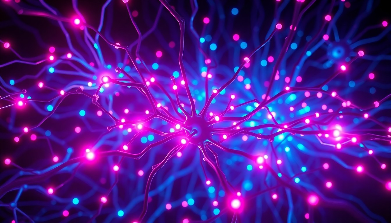 A highly detailed, glowing 3D illustration of a complex neural network infrastructure, with pulsing neon lights representing the rapid and autonomous development of AI systems, conceptually illustrating the concerns raised by the 'AI 2027' scenario.