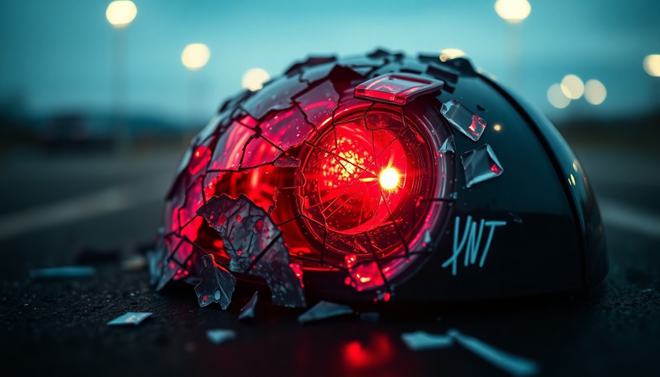 An extreme close-up photograph of a shattered car sensor lens reflecting a faint red light, conceptually illustrating the aftermath of a sudden, chaotic parking lot crash.