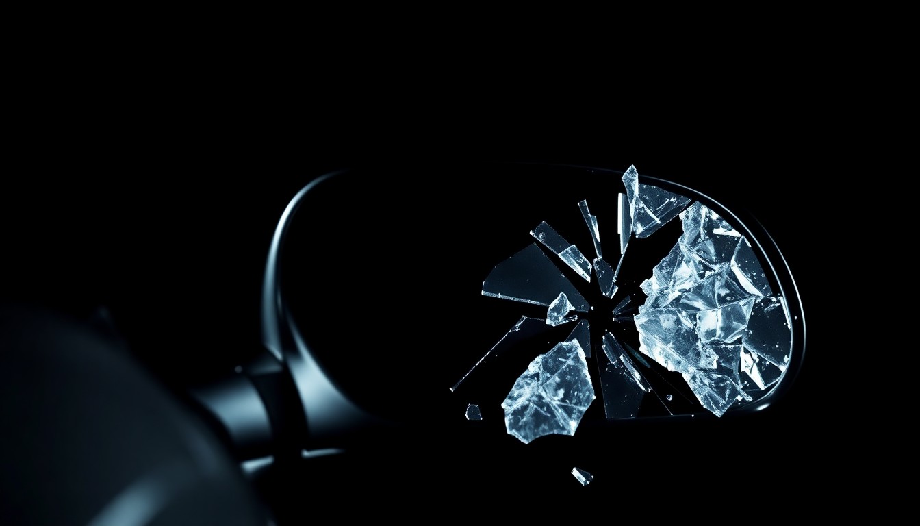 An extreme close-up photograph of a shattered car side mirror, the jagged glass and twisted metal conceptually representing the violence of a recent traffic collision.