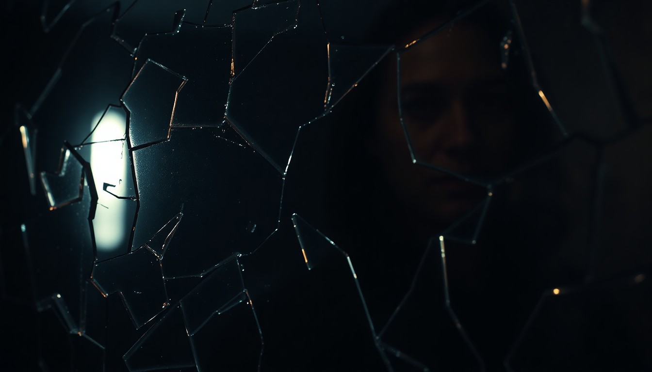 An abstract close-up photograph of shattered glass reflecting a dim, moody light, conveying the dark, brooding tone of a Nordic noir crime thriller.