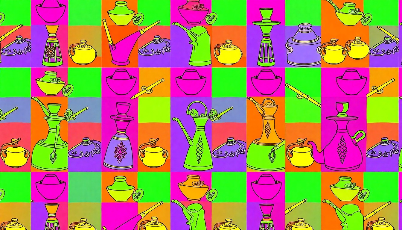 A brightly colored, high-contrast silkscreen print of an iconic SWANA cultural object such as a hookah pipe or tea set, repeated in a tight grid pattern in the style of Andy Warhol, conceptually representing the diverse cultural expressions of the SWANA diaspora.