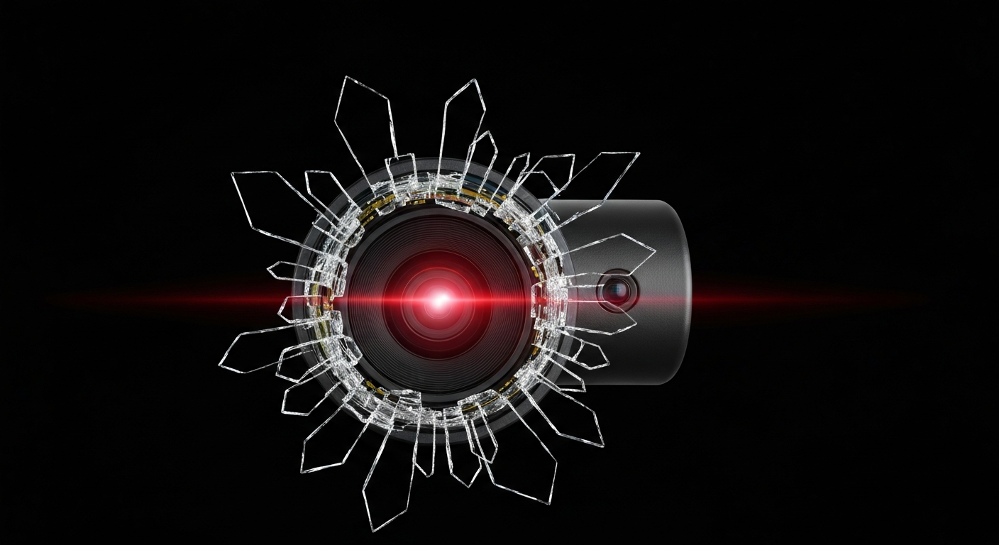 An extreme close-up of a shattered car sensor lens reflecting a faint red light, conceptually illustrating the vandalism of self-driving cars.