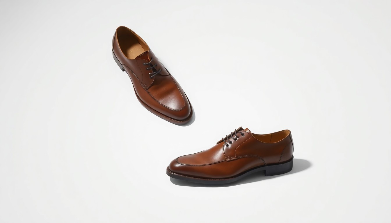 A photorealistic studio still life of a pair of premium leather shoes in a neutral color, resting on a clean white background and dramatically lit to showcase the brand's attention to craftsmanship.