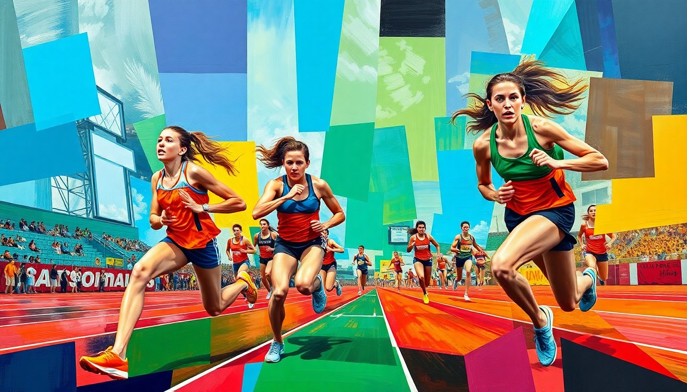 A fractured, multi-perspective painting in bold, overlapping geometric shapes and planes of bright colors, conceptually representing the dynamic energy and movement of a girls track and field competition.