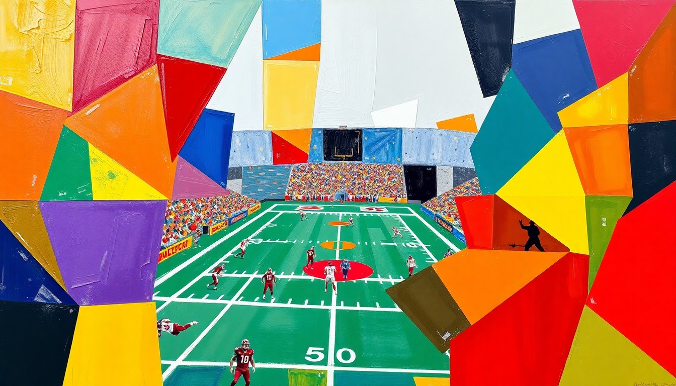 A fragmented, cubist-style painting depicting a college football game, with sharp geometric shapes in the team's colors overlapping to create a dynamic, multi-angled visual representation of the action on the field.