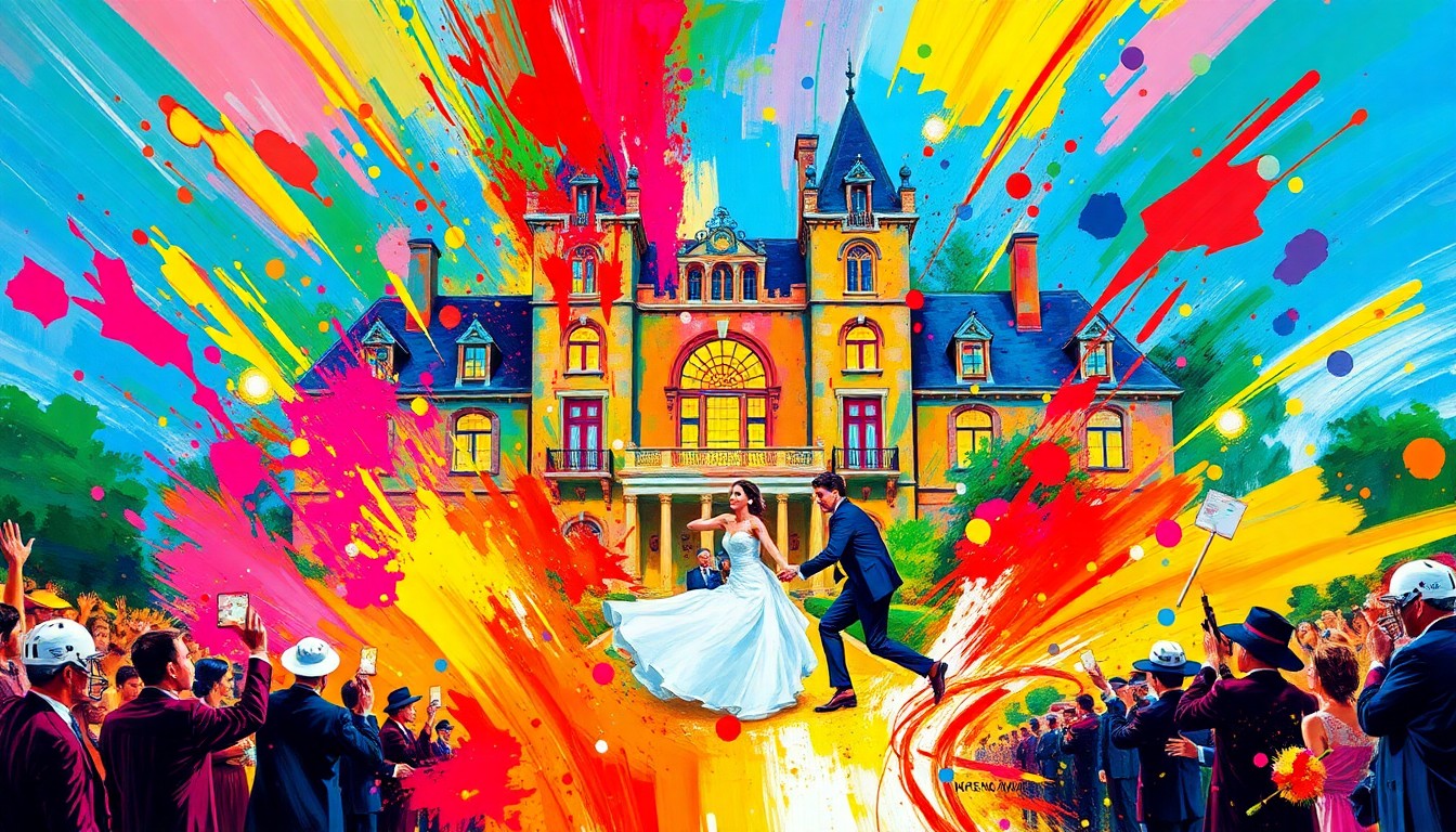 An abstract, expressionist painting in bright neon colors capturing the raw energy and joy of a sports-themed wedding celebration, with the iconic Oheka Castle mansion fading into the background.