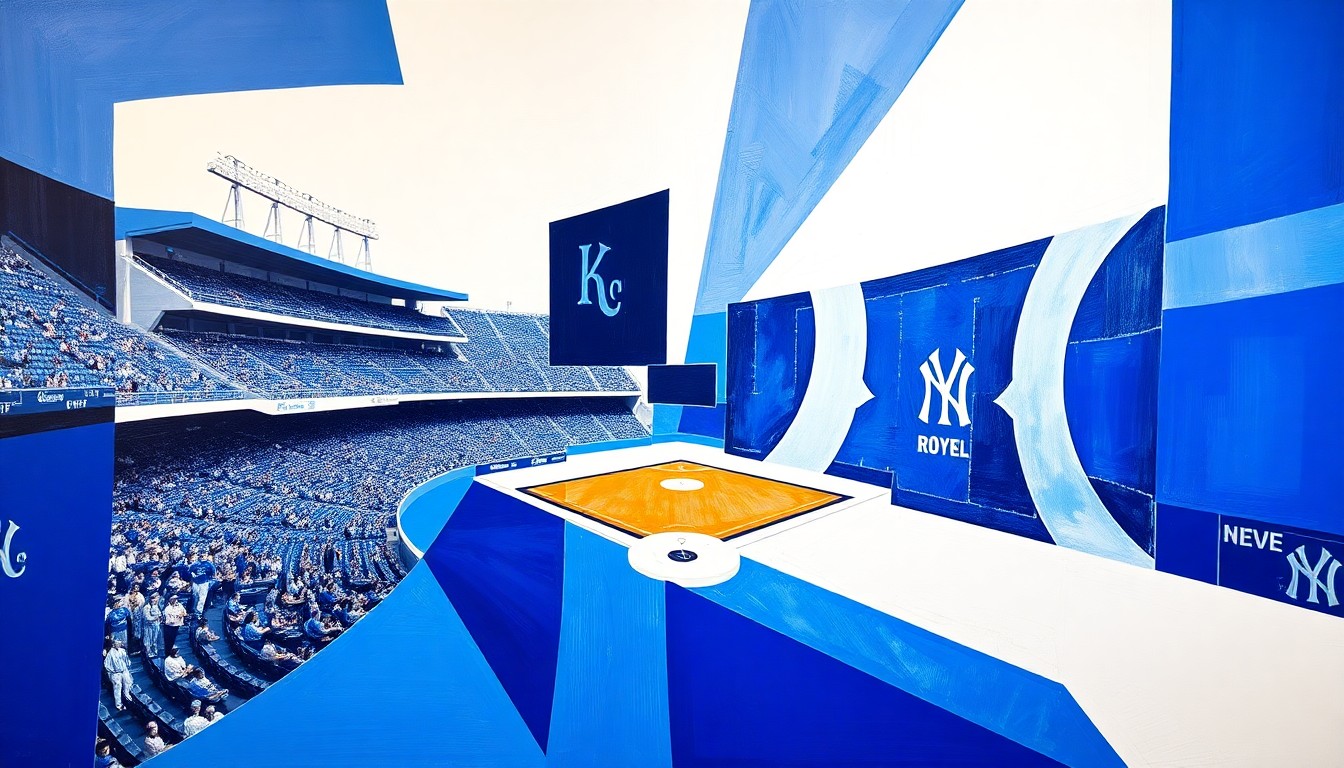 A fractured, geometric painting depicting a baseball game between the Kansas City Royals and New York Yankees, with sharp planes of blue and white representing the players and field in an abstract, deconstructed style.