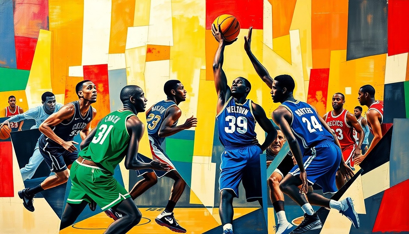A cubist, geometric painting depicting a basketball game between the Boston Celtics and Philadelphia 76ers, with the players' forms broken down into abstract shapes and planes of color, capturing the intensity and energy of the playoff matchup.