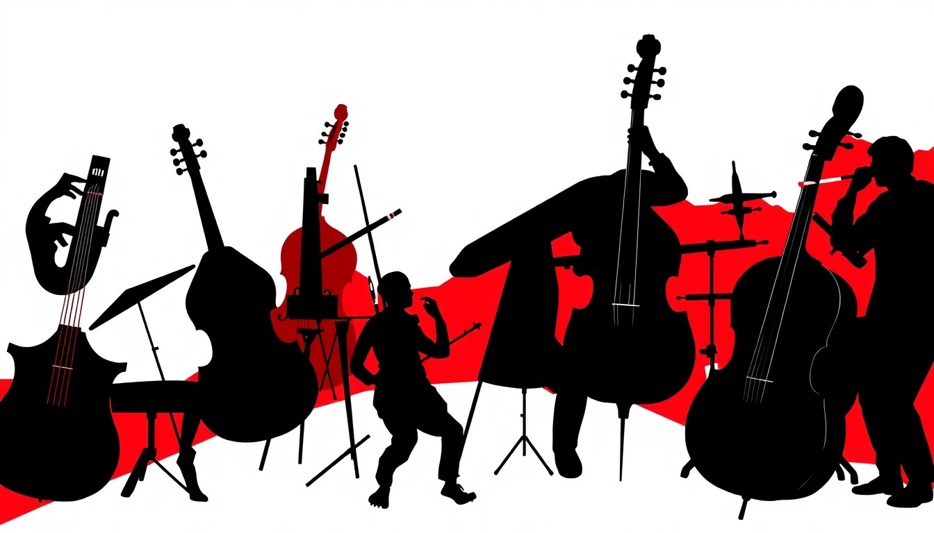 An abstract, minimalist illustration featuring sharp, geometric black silhouettes of musical instruments and orchestral elements set against a high-contrast background of solid red and white colors, conceptually representing the unique musical program curated by the orchestra's conductor.