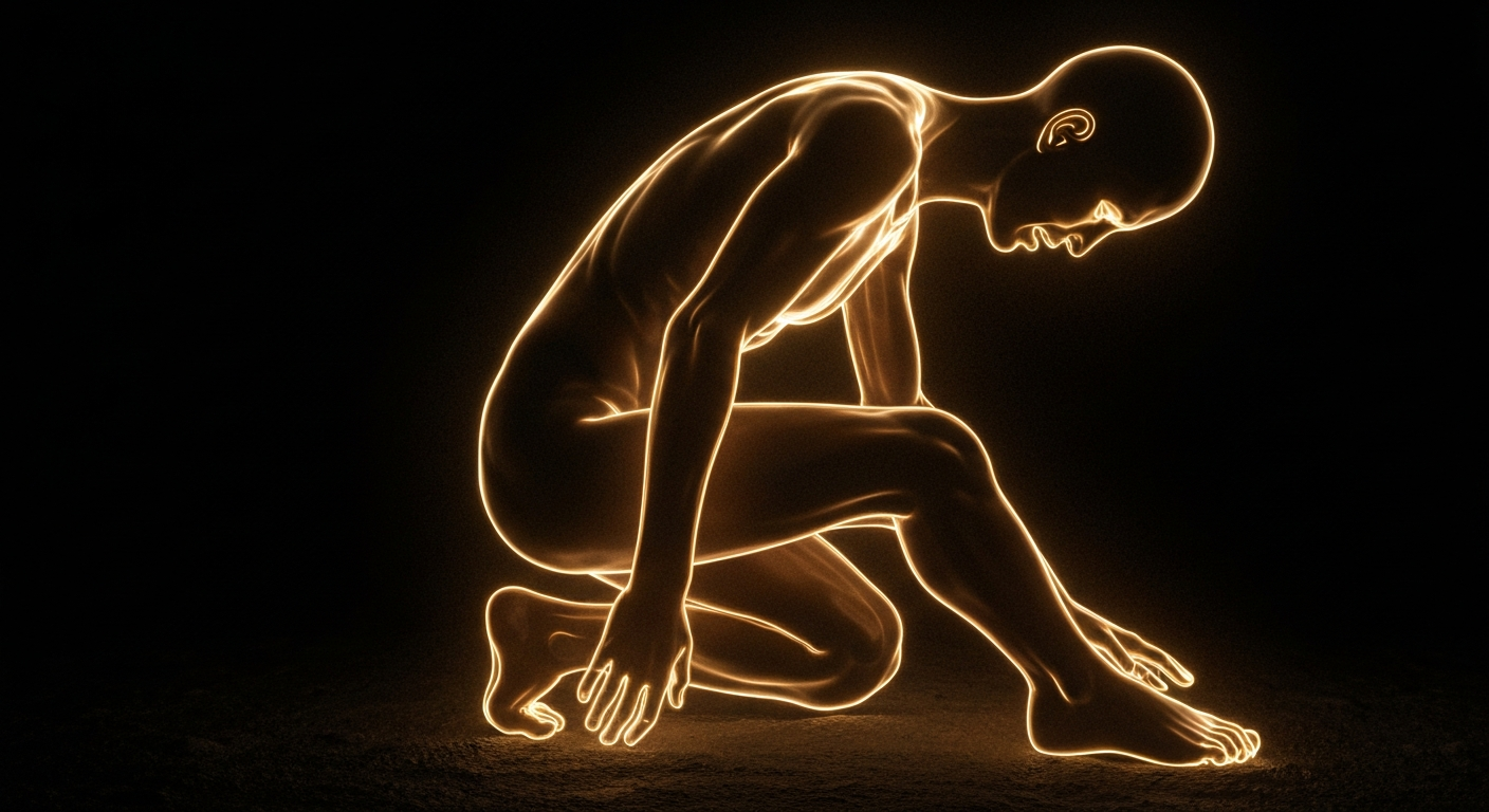 A minimalist, glowing neon outline of a human figure in a crouched, distressed pose, representing the devastating impact of the highly potent opioid carfentanil, against a dark, shadowy background.
