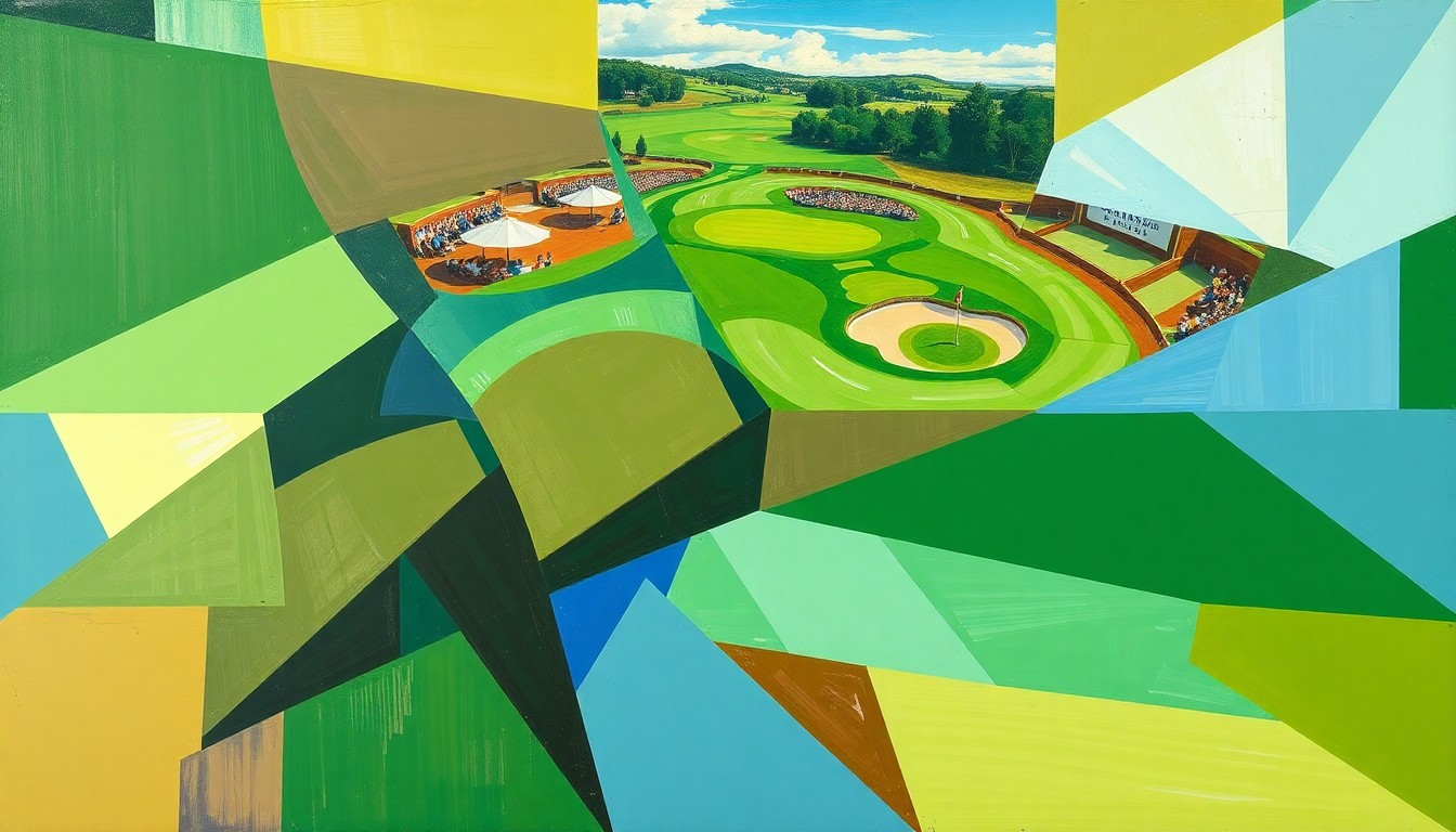 A cubist, geometric painting in shades of green, blue, and brown, with overlapping angular shapes and lines suggesting the motion and energy of a college golf tournament.