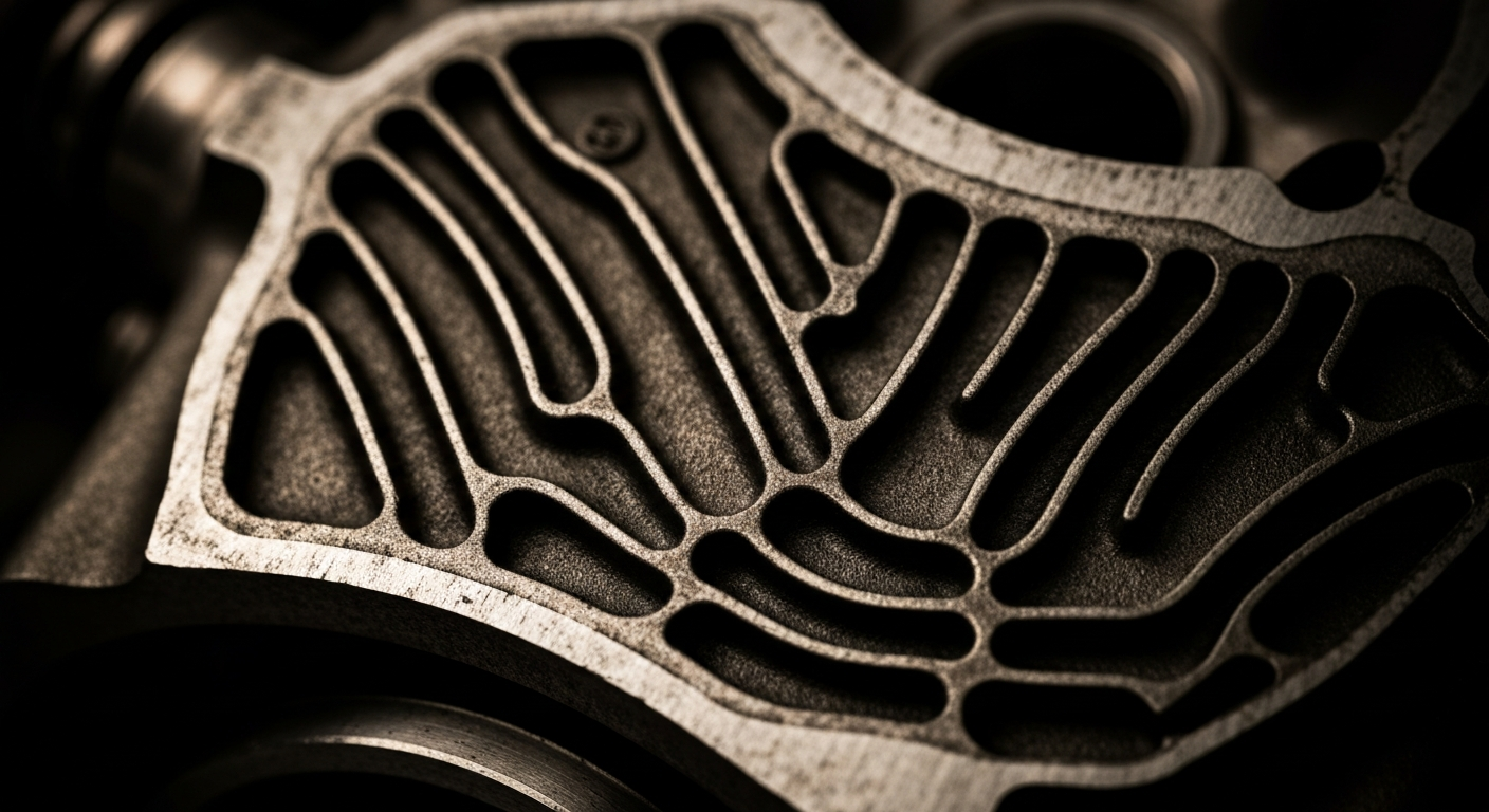 A close-up photograph of the textured surface of a Toyota engine part, such as a piston or cylinder head, in dramatic lighting that highlights the raw materials and engineering.
