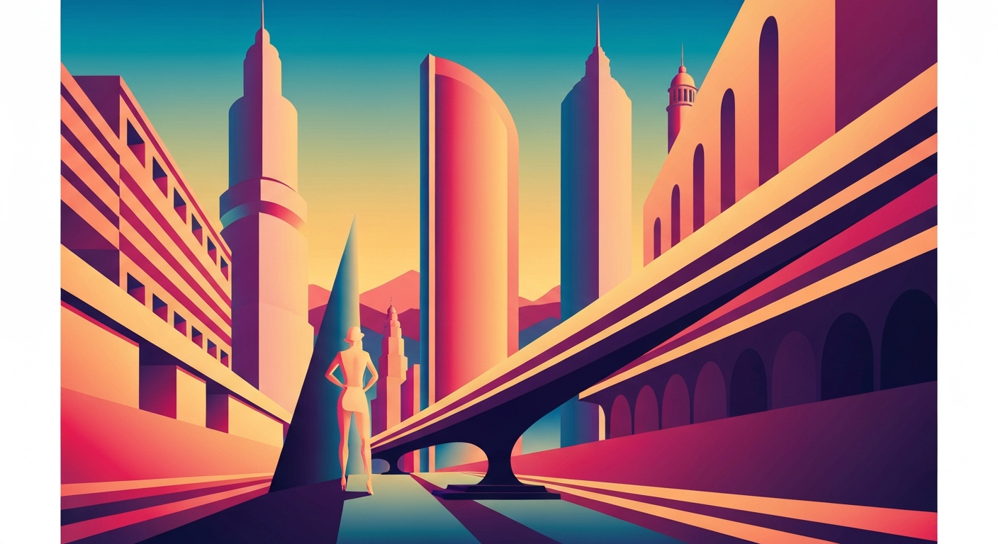 A bold, geometric illustration in the Art Deco style, featuring sweeping, airbrushed gradients and towering architectural forms, conceptually representing the grand scale and challenges facing the travel industry amid the ongoing geopolitical conflict.