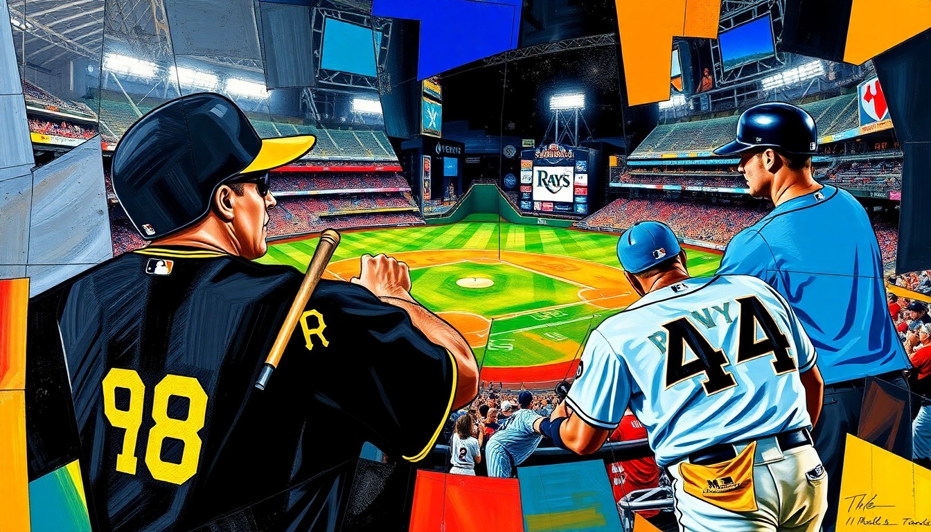 A cubist-style painting featuring overlapping geometric shapes and planes in the colors of the Pittsburgh Pirates and Tampa Bay Rays uniforms, conceptually representing the rain-delayed baseball game between the two teams.