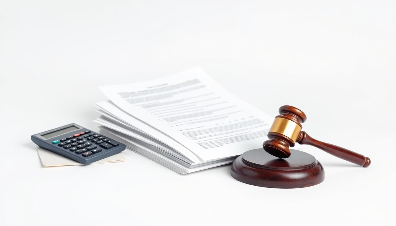 A photorealistic studio still life featuring a stack of financial documents, a calculator, and a gavel on a clean, monochromatic background, symbolizing the abstract concepts of corporate finance, legal proceedings, and investor rights.