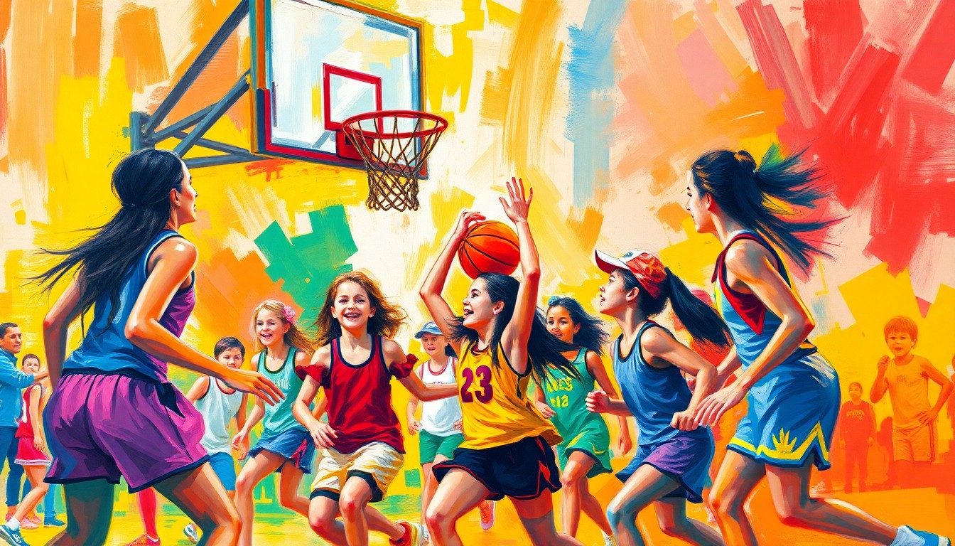 An abstract, energetic painting featuring dynamic brushstrokes and neon colors that capture the raw athleticism and youthful exuberance of a girls' basketball clinic, with a basketball hoop, a basketball, and a group of young girls enthusiastically participating.