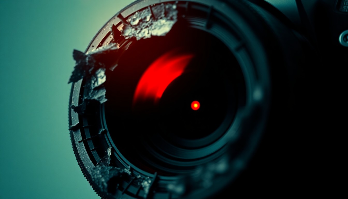 An extreme close-up photograph of a damaged camera lens reflecting a faint red light, conceptually illustrating the aftermath of a violent confrontation.