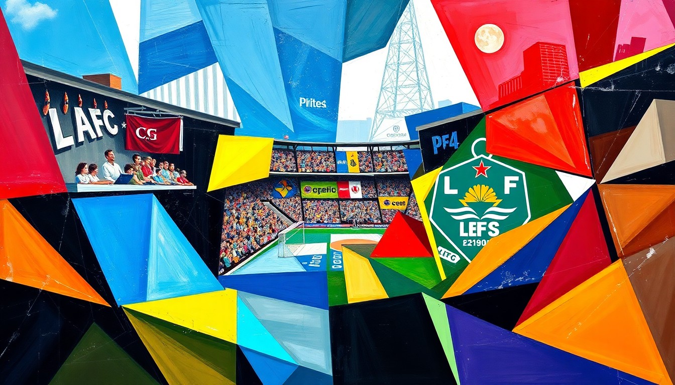 A cubist, geometric painting depicting the action of a soccer match, with players and the field fragmented into sharp, overlapping shapes and planes in the team's official colors.