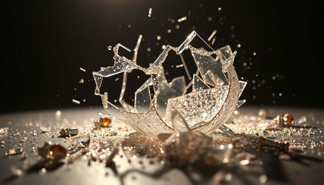 An extreme close-up of shattered glass reflecting dramatic studio lighting, conveying the sophisticated emotional journey of the 'Heated Rivalry' characters as their romance deepens.