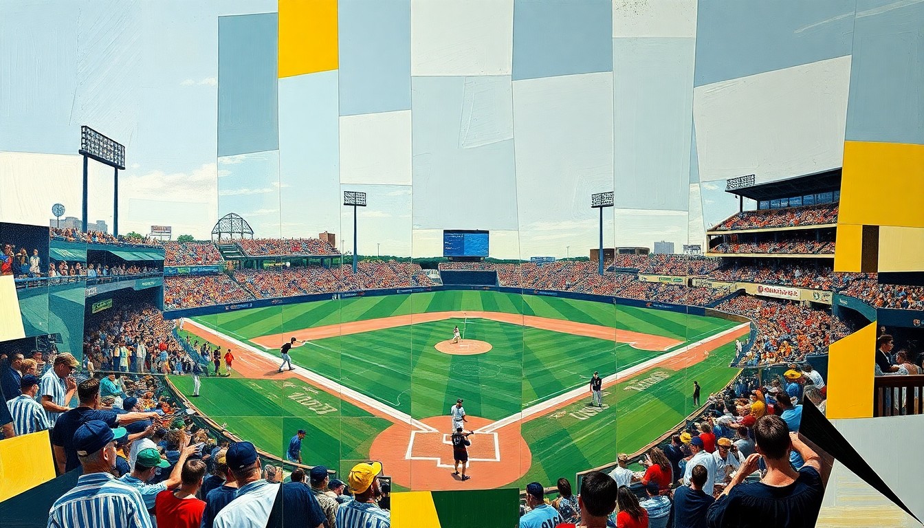 A cubist-style painting featuring overlapping geometric shapes and planes in shades of blue, green, and orange, conveying the energy and movement of a softball game without depicting any specific players or teams.