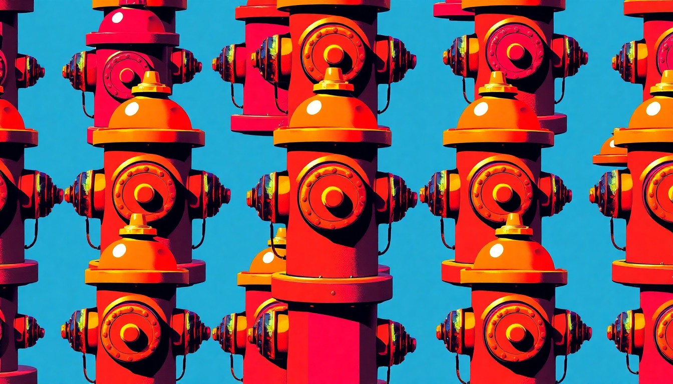 A bold, graphic silkscreen illustration featuring a repeated pattern of a vintage fire hydrant in bright neon colors, conceptually representing the personal significance and community support behind this veteran's front yard display.