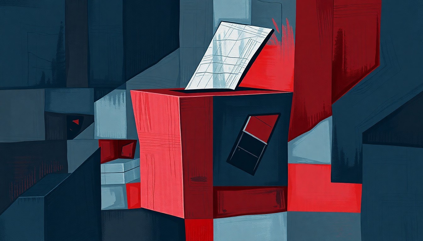 A fractured, abstract painting featuring overlapping geometric shapes and waves of dark blue, grey, and red, conceptually representing the political turmoil and uncertainty surrounding the Maricopa County elections.